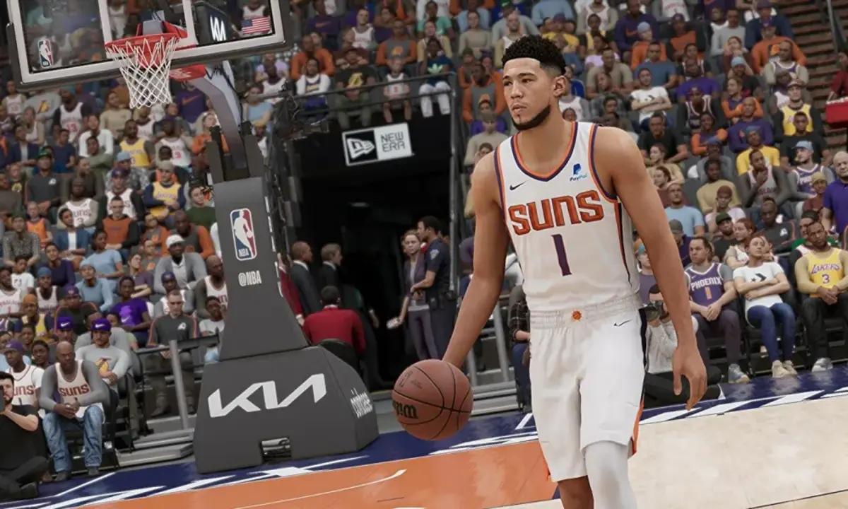 NBA 2K23 player dribbling the ball away from the net